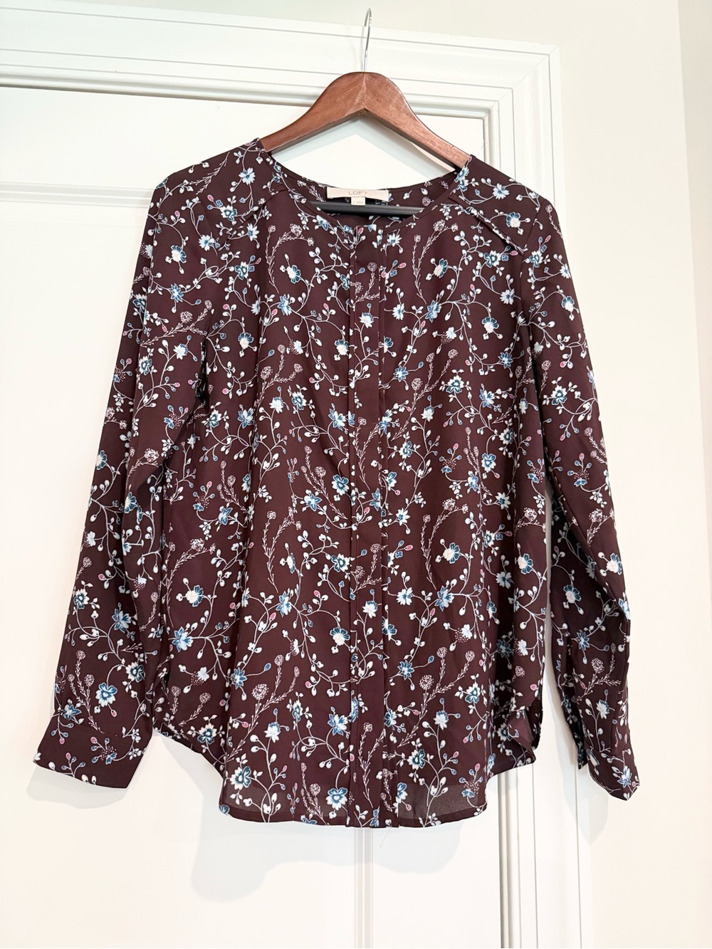 LOFT Purple Floral Button-Front Blouse with Blue Accents